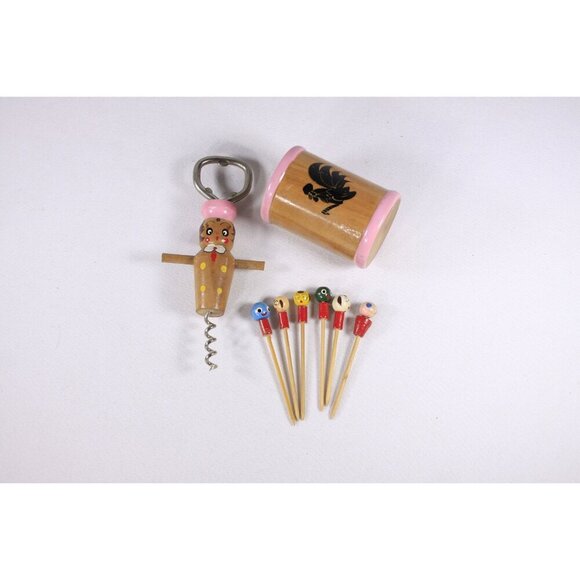 Vintage 1950s pink wooden bartender lady bottle opener and patrons toothpick - Picture 9 of 10